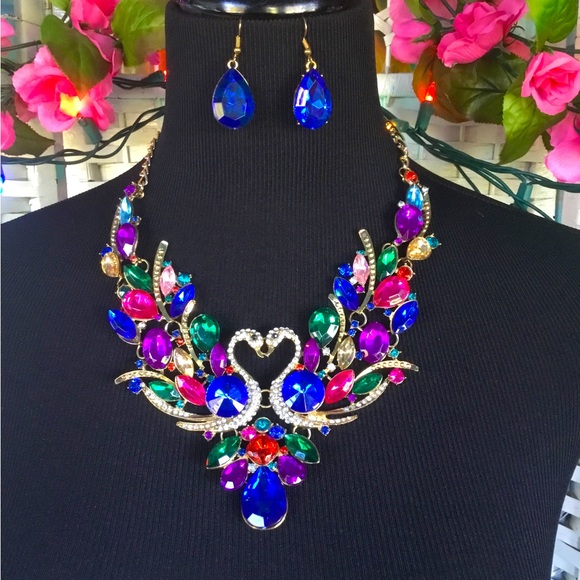 Multi Blue Red Pink Peacock Rhinestone Statement Bib Necklace Crystal… - Picture 4 of 8